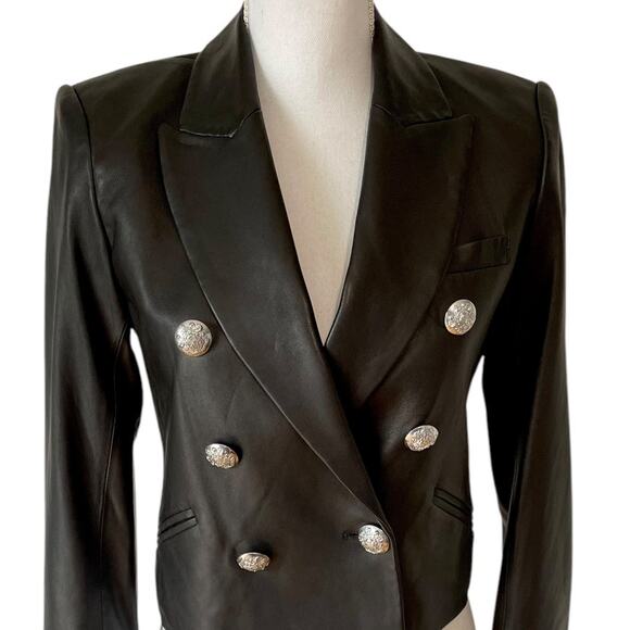 Veronica Beard Nevis Lamb Leather Blazer Jacket Cropped Black Silver Size 0‎ - Picture 8 of 11